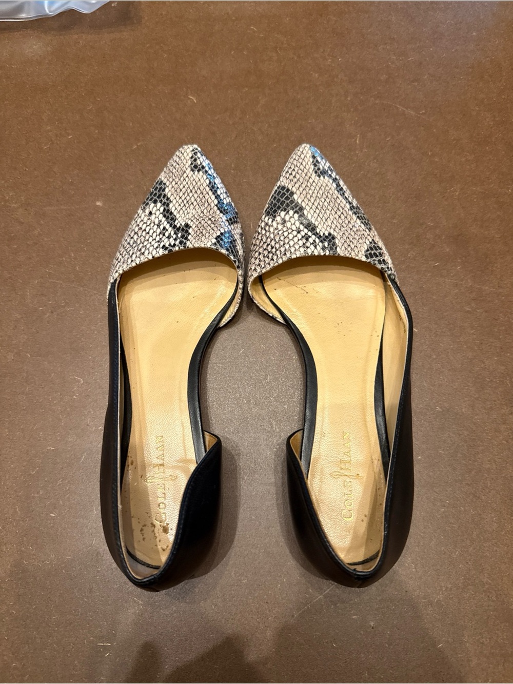 Cole Haan Pointed D'Orsay Flat in Black and Snake Print